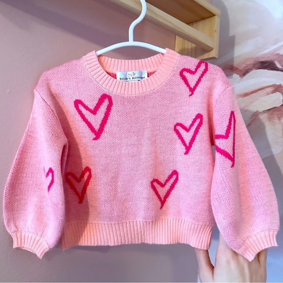 Bailey’s Blossoms | Pink Hearts Puff Sleeve Sweater (3-6 months) - Picture 1 of 4